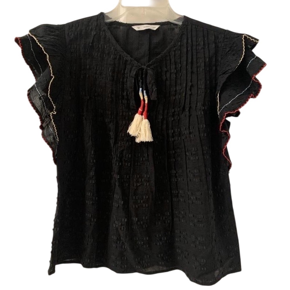 ACOS & A Flamenco Embroidered Ruffle Sleeve Top Black Women's Medium